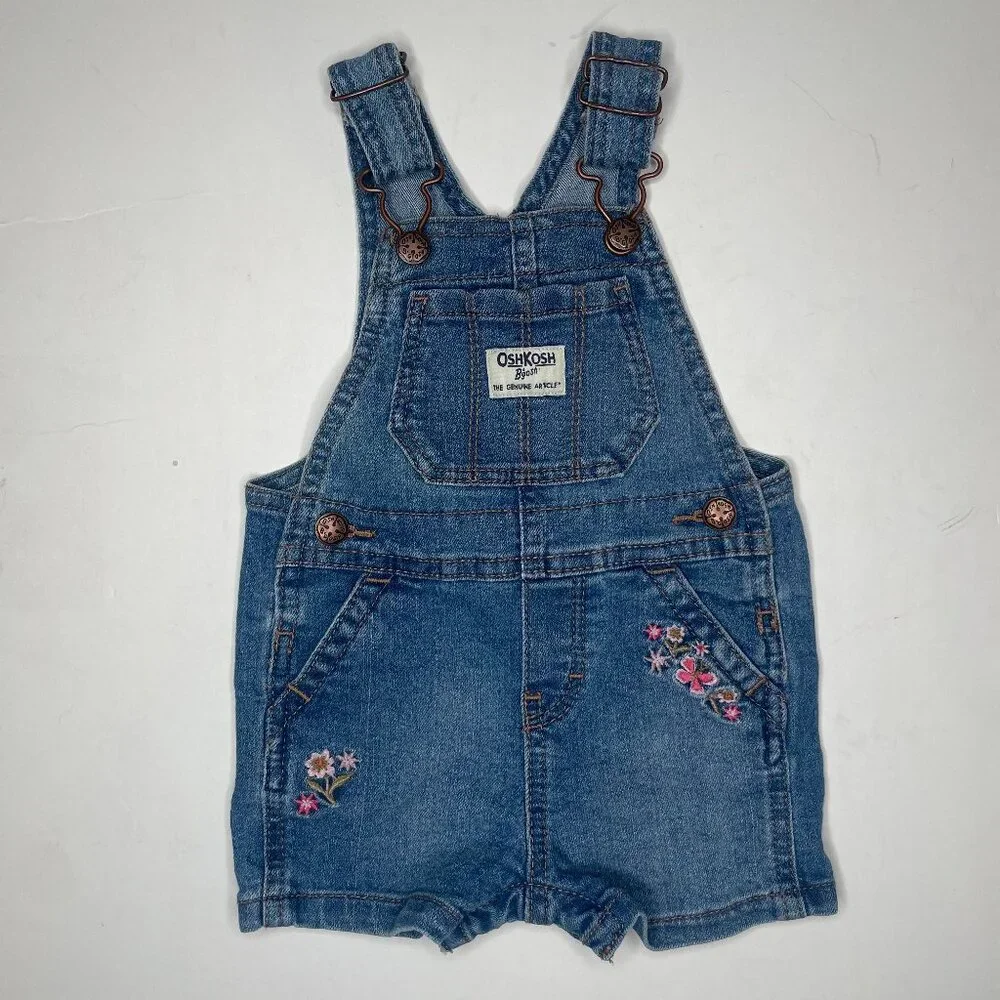 OshKosh B'gosh Baby Girl Floral Embroidered Dungarees Denim Overall Shorts 6M